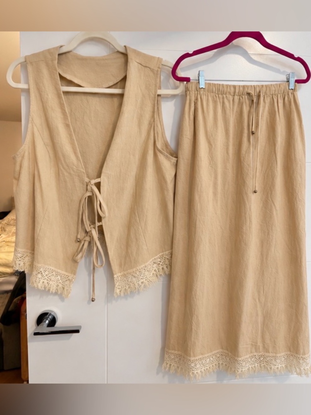 Vintage Cream Two-Piece Lace-Trim Top and Skirt Set, size L